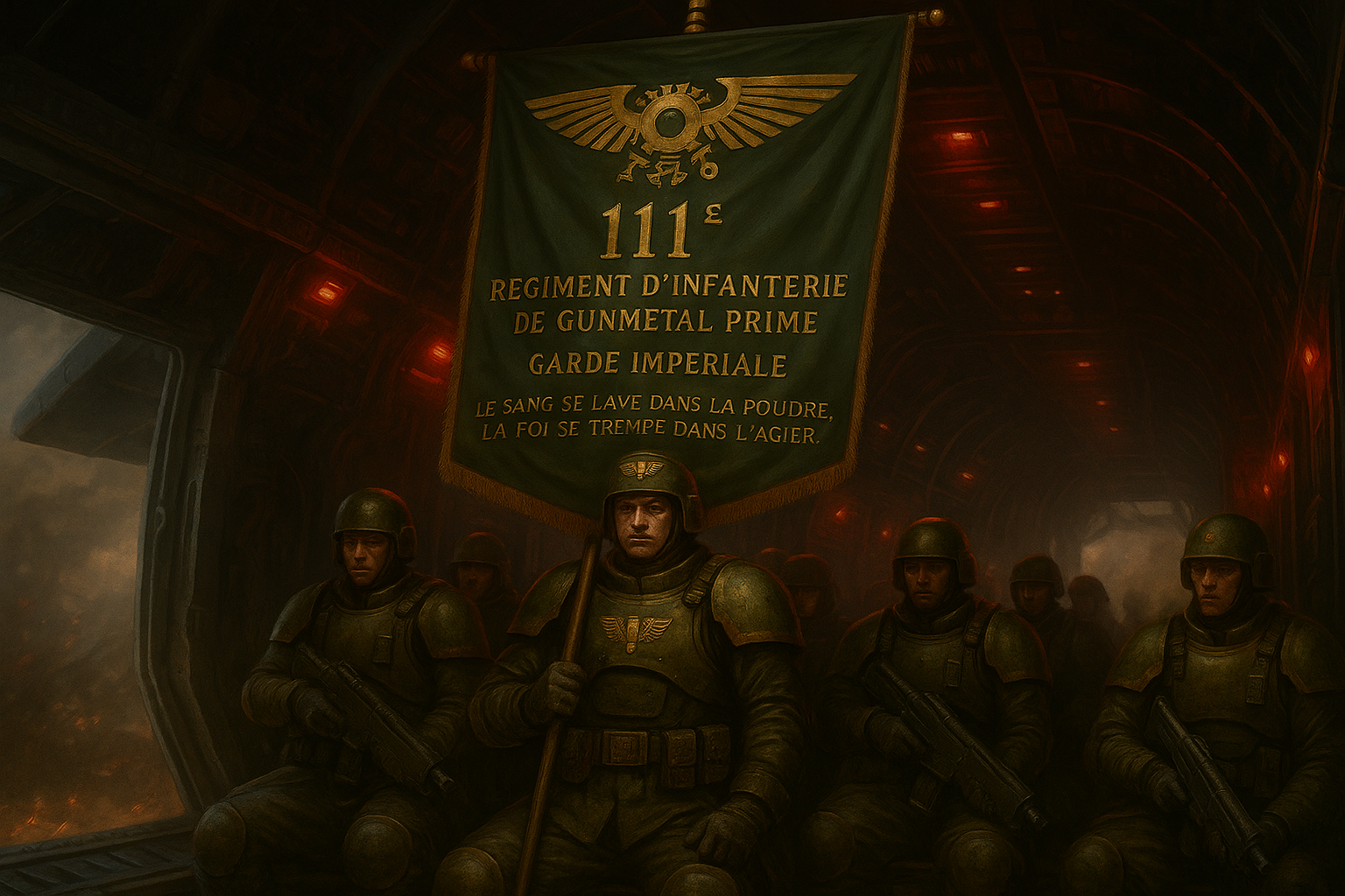 Bannière du 111ᵉ Régiment d’Infanterie de Gunmetal Prime à bord d’un Thunderhawk